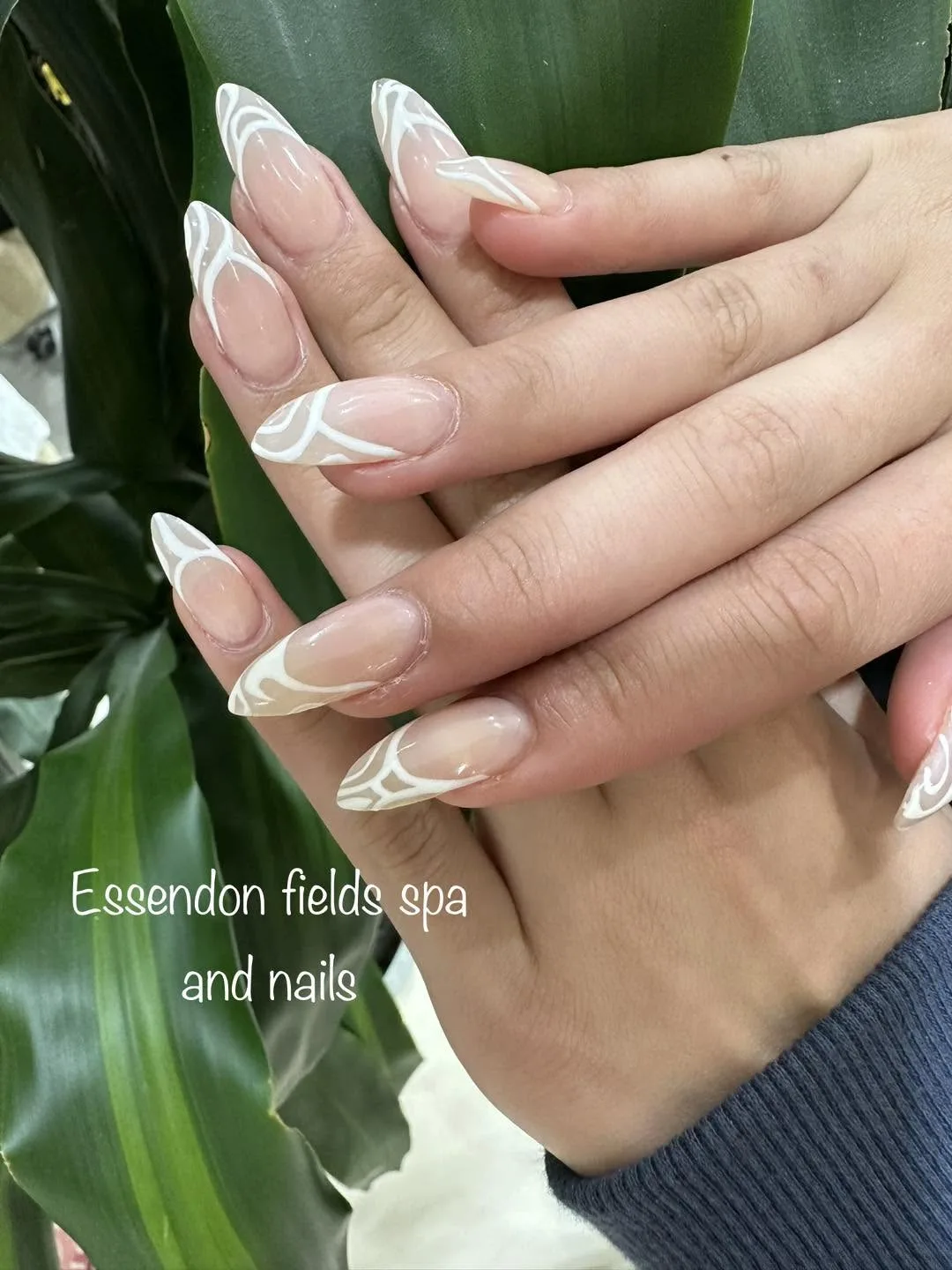 Almond nude nails with white swirl French line-art, against a large green leaf